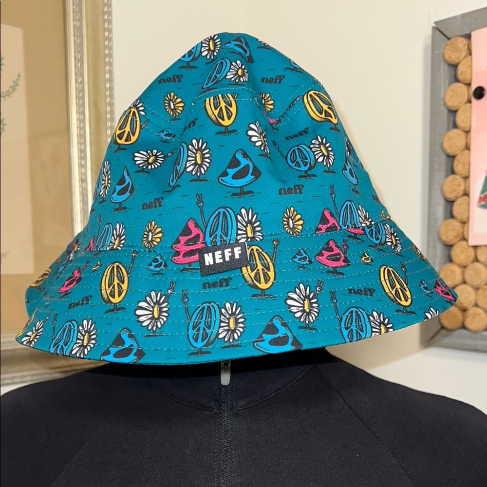 Neff Teal Bucket Hat with Peace and Daisy Print